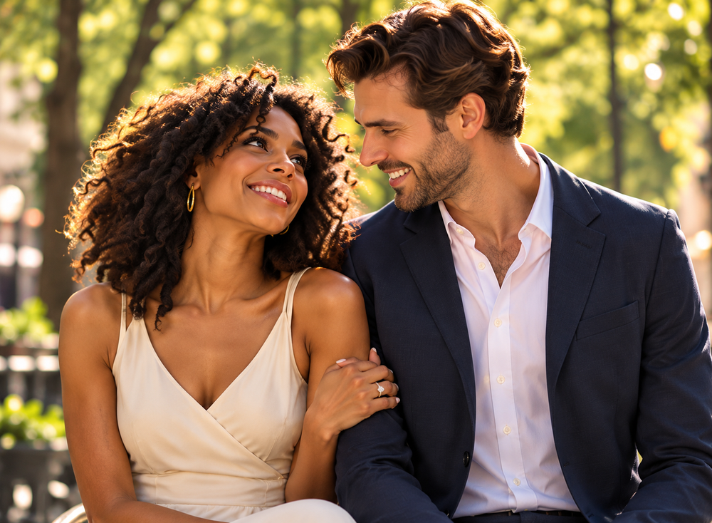 A couple sharing a joyful moment outdoors