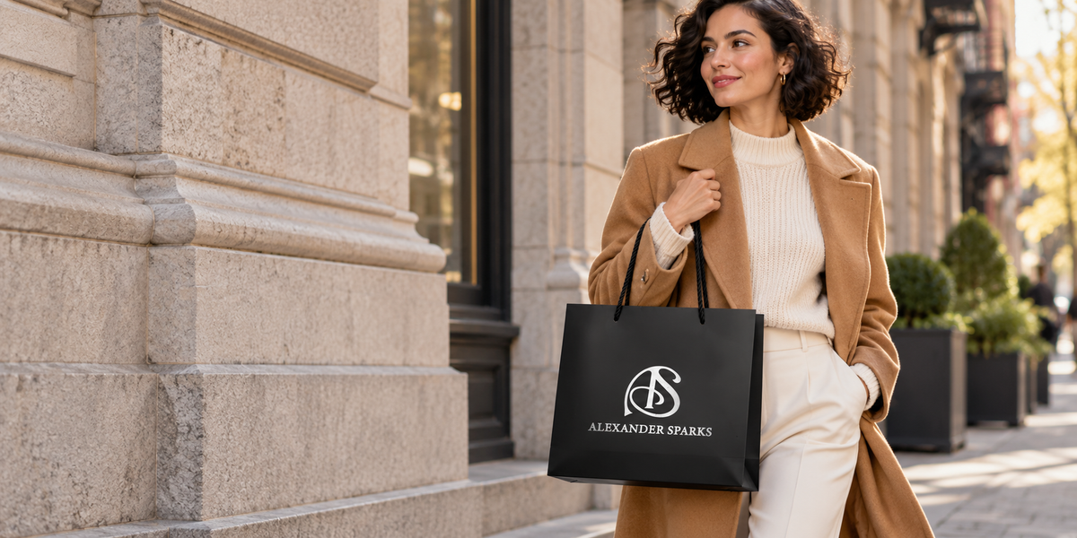 Woman carrying an Alexander Sparks shopping bag in New York