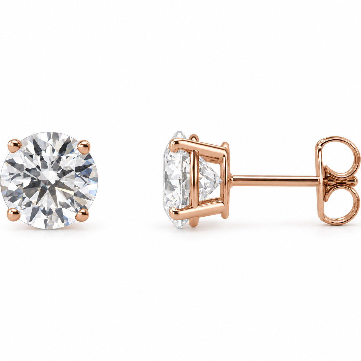 Round 4-Prong Lightweight Stud Earrings — 14K Rose Gold — 7mm — 2 1/2 CTW — view 1