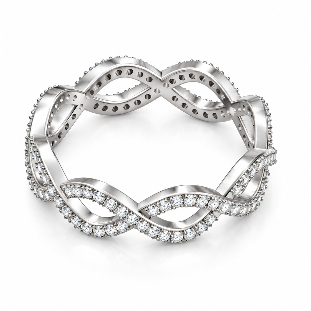 14K White Gold infinity lab-grown diamond eternity band — angled