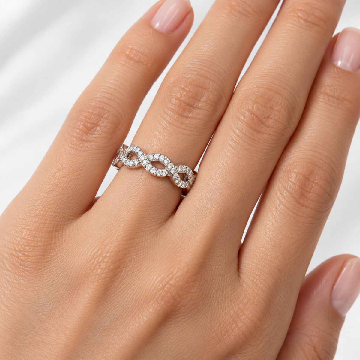 14K White Gold infinity lab-grown diamond eternity band — on-hand