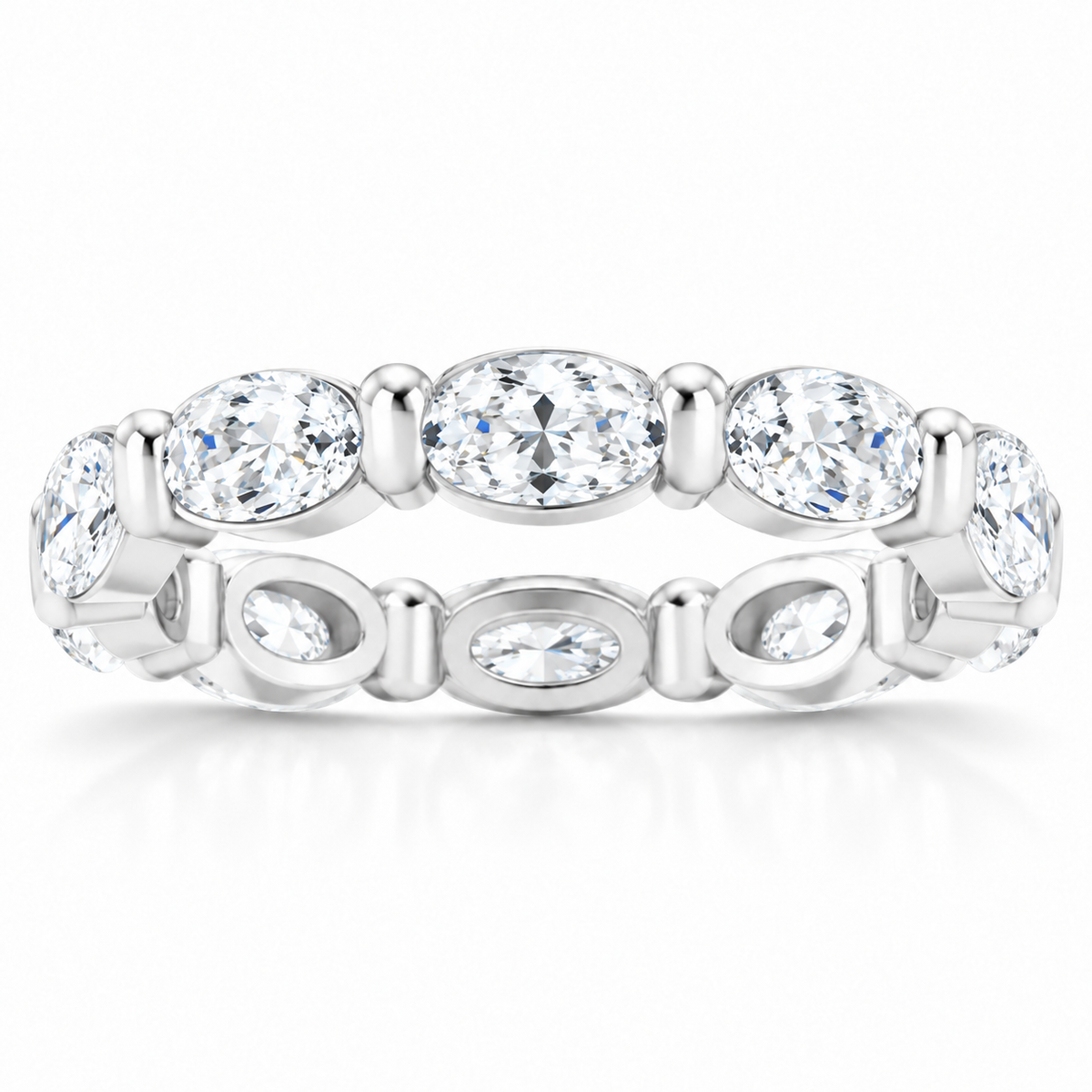 East-west oval shared-prong lab-grown diamond eternity band, 5 x 3 mm diamonds, 14K white gold, front studio view