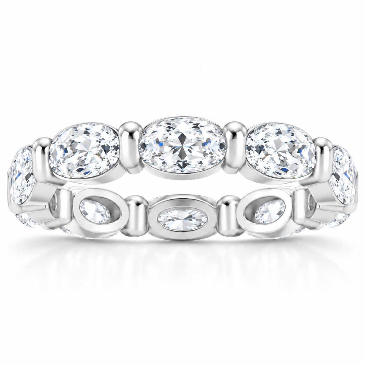 East-west oval shared-prong lab-grown diamond eternity band, 6 x 4 mm diamonds, 14K white gold, front studio view