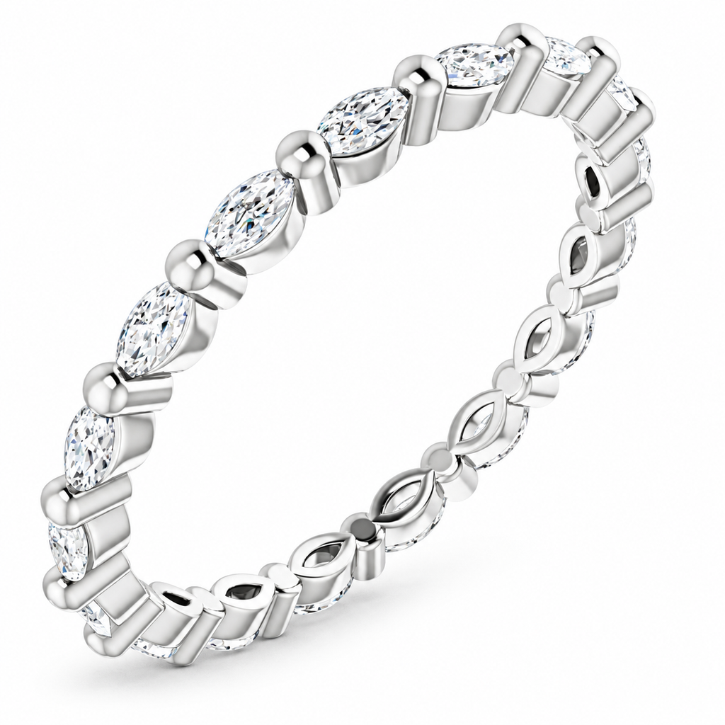East-west marquise two-prong lab-grown diamond eternity band, 3 x 1.5 mm diamonds, 14K white gold, angle view