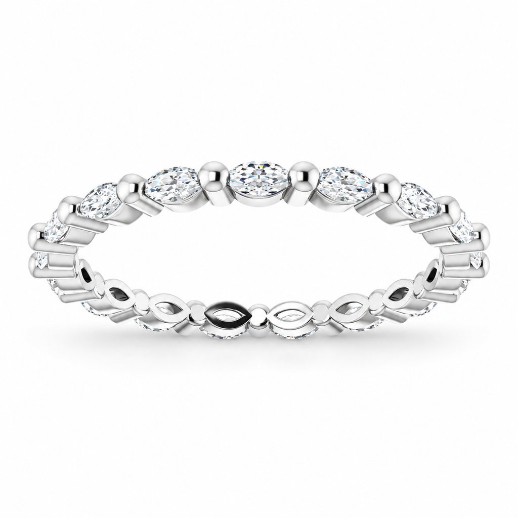 East-west marquise two-prong lab-grown diamond eternity band, 3 x 1.5 mm diamonds, 14K white gold, front view