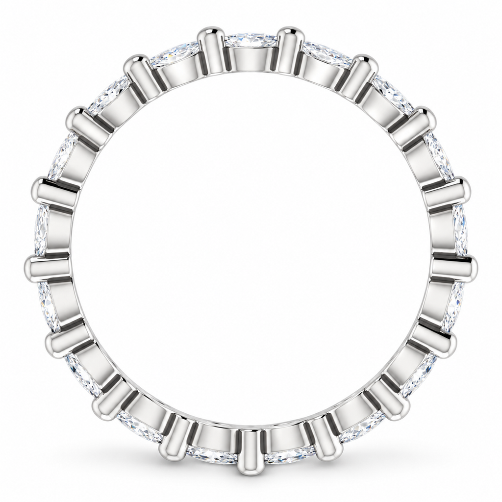 East-west marquise two-prong lab-grown diamond eternity band, 3 x 1.5 mm diamonds, 14K white gold, side view
