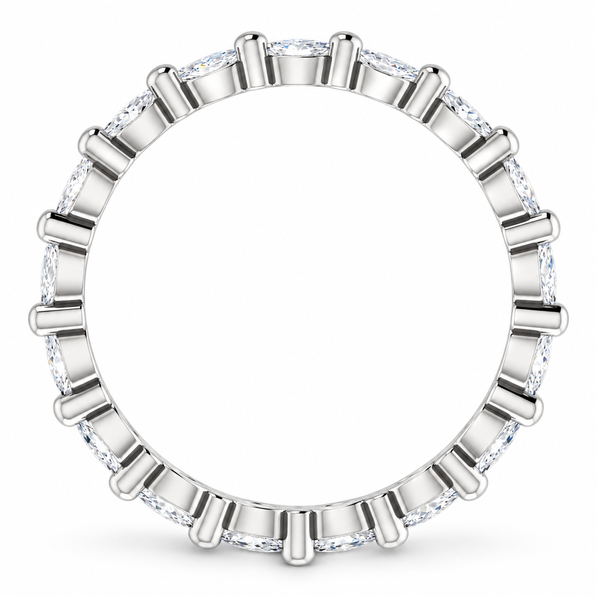 East-west marquise two-prong lab-grown diamond eternity band, 3 x 1.5 mm diamonds, 14K white gold, side view