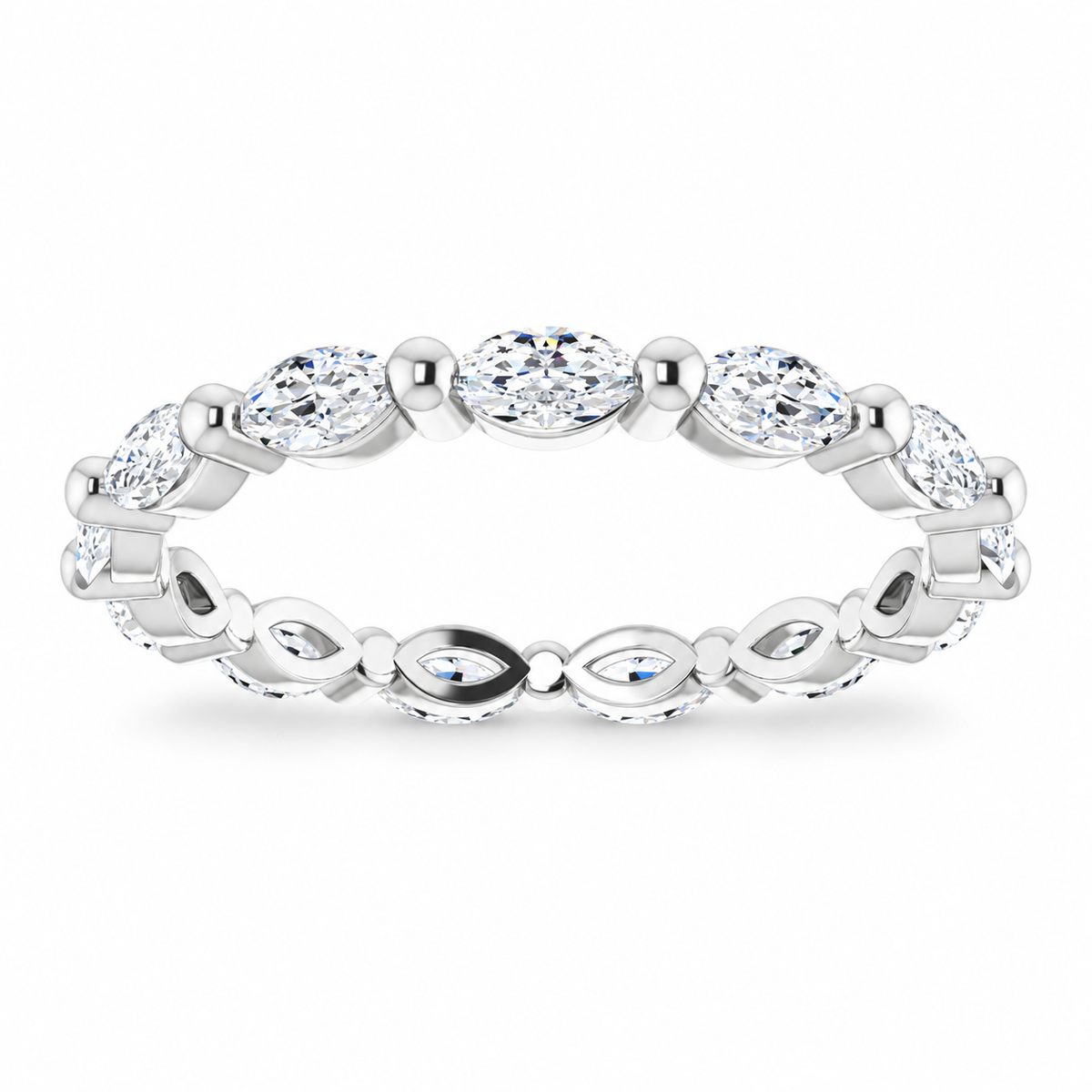 East-west marquise two-prong lab-grown diamond eternity band, 4 x 2 mm diamonds, 14K white gold, front view