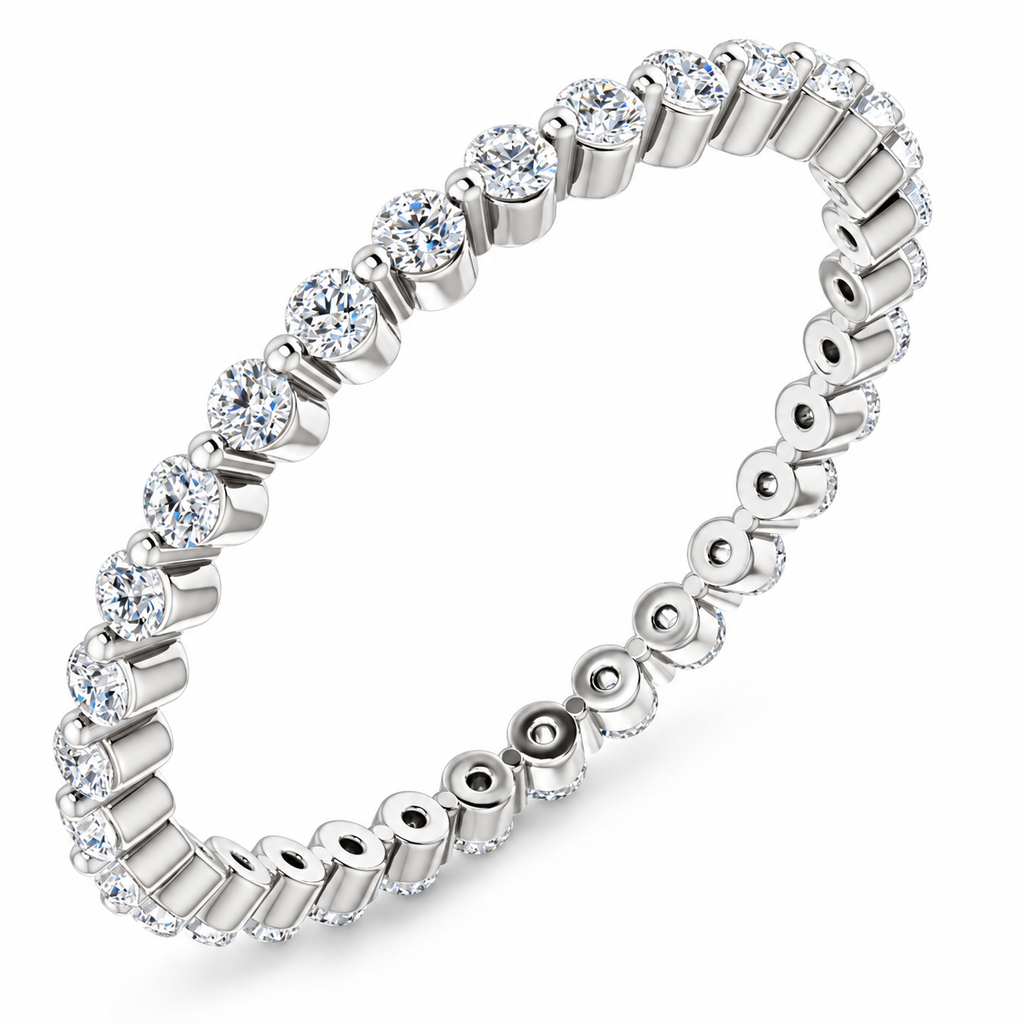 Round two-prong lab-grown diamond eternity band, 1.5 mm diamonds, white metal, angle view