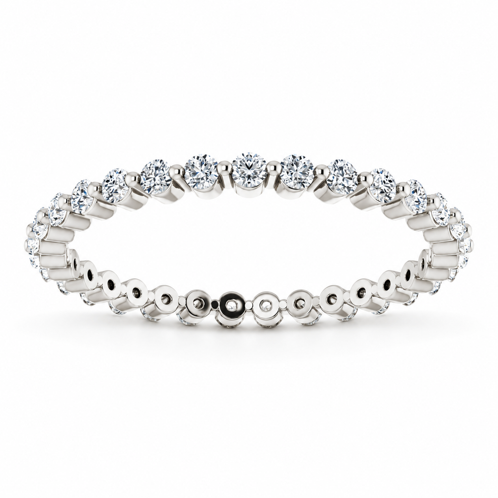 Round two-prong lab-grown diamond eternity band, 1.5 mm diamonds, white metal, front view
