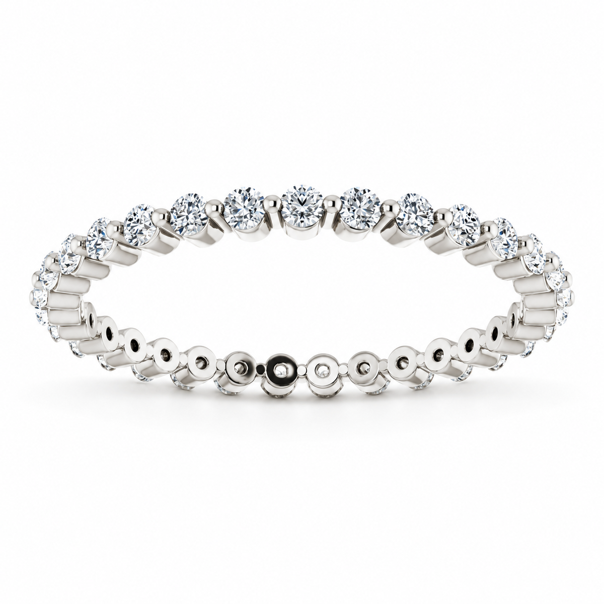 Round two-prong lab-grown diamond eternity band, 1.5 mm diamonds, white metal, front view