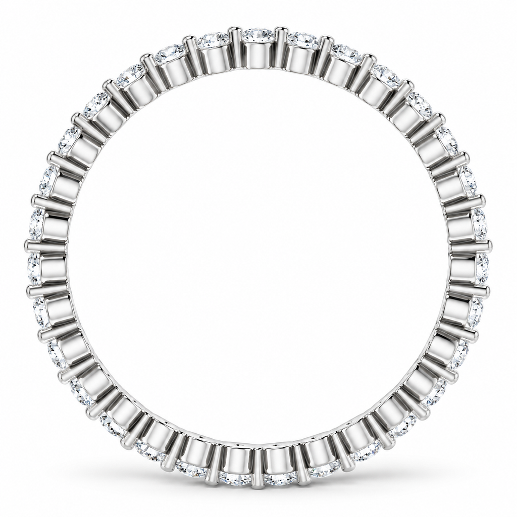 Round two-prong lab-grown diamond eternity band, 1.5 mm diamonds, white metal, side view