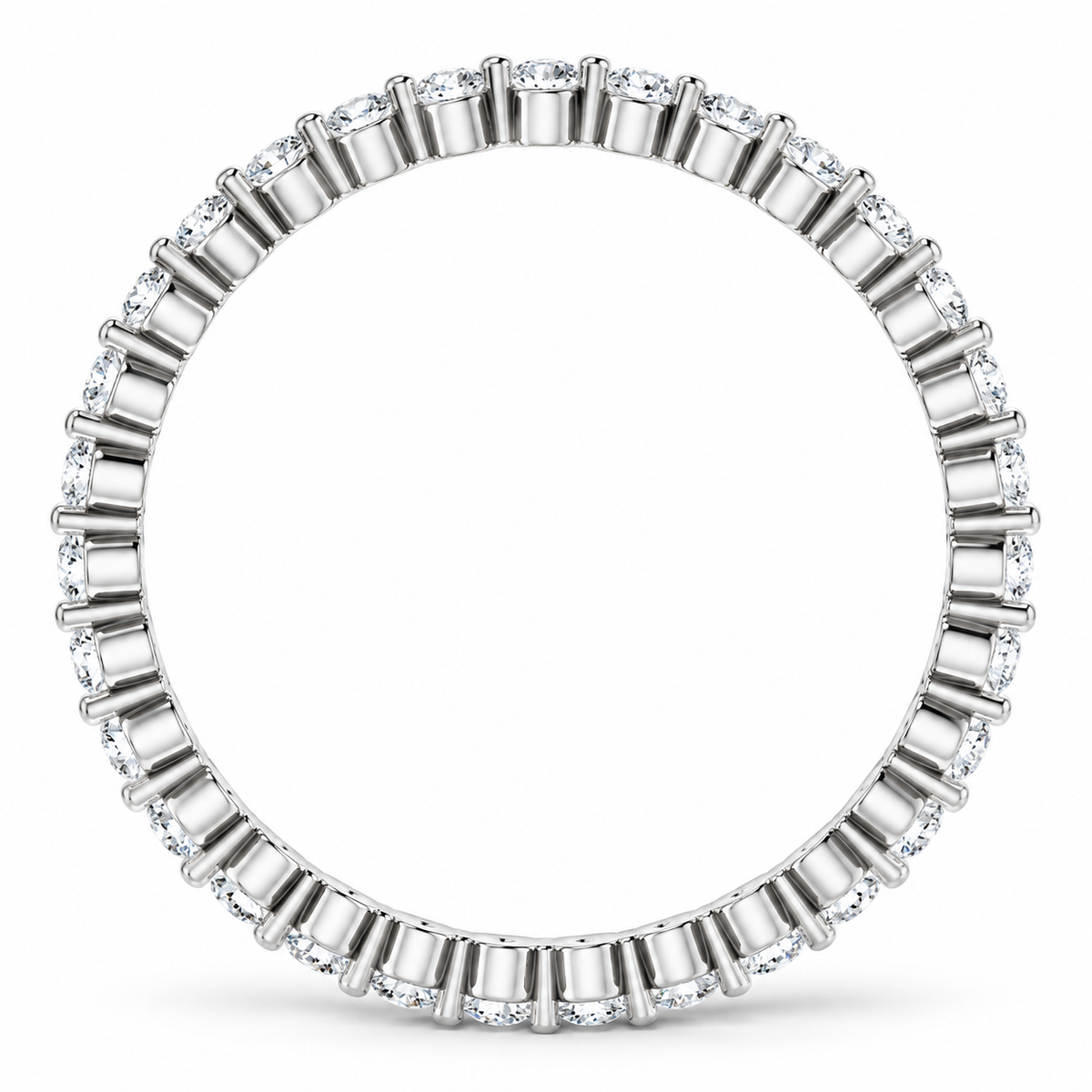 Round two-prong lab-grown diamond eternity band, 1.5 mm diamonds, white metal, side view