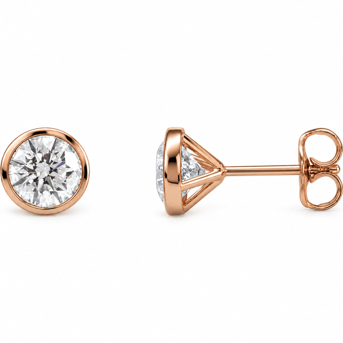 Round Bezel-Set Cocktail-Style Stud Earrings — 14K Rose Gold — 6mm — 1 5/8 CTW — view 1