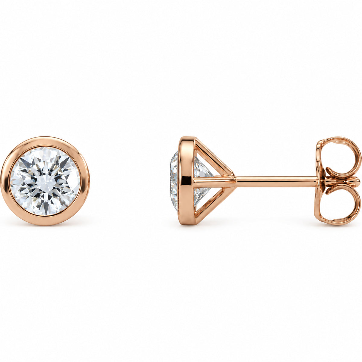 Round Bezel-Set Cocktail-Style Stud Earrings — 14K Rose Gold — 5.6mm — 1 1/5 CTW — view 1