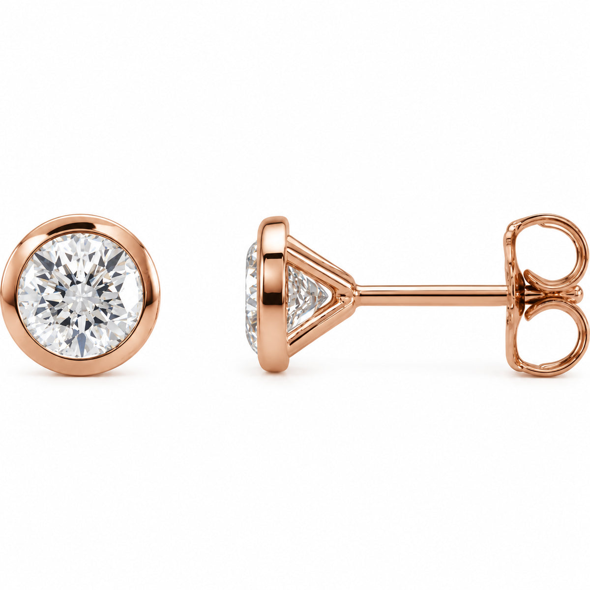 Round Bezel-Set Cocktail-Style Stud Earrings — 14K Rose Gold — 5.2mm — 1 CTW — view 1