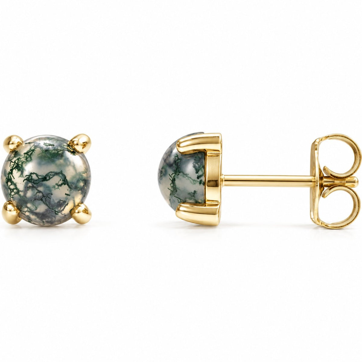 14K Gold Natural Moss Agate Cabochon Stud Earrings — 14K Yellow Gold, view 1