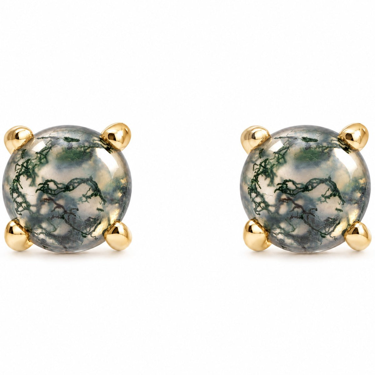 14K Gold Natural Moss Agate Cabochon Stud Earrings — 14K Yellow Gold, view 2