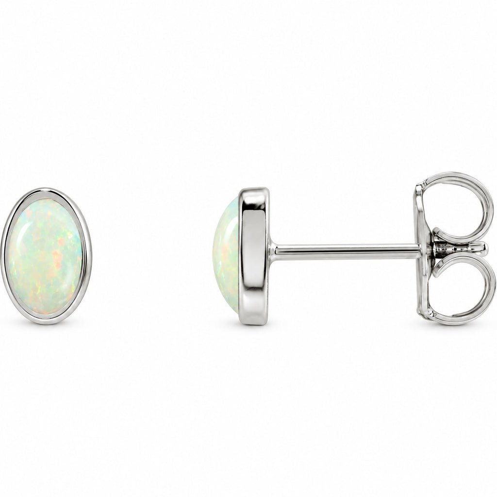 14K Gold Lab-Grown White Opal Cabochon Stud Earrings — 14K White Gold, view 1