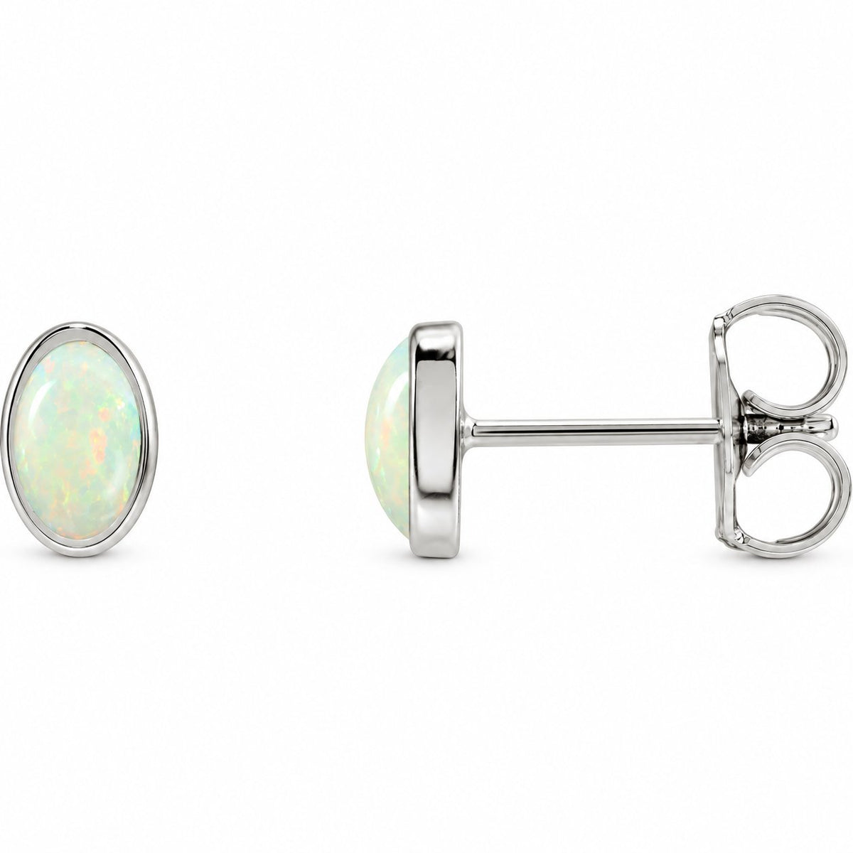 14K Gold Lab-Grown White Opal Cabochon Stud Earrings — 14K White Gold, view 1