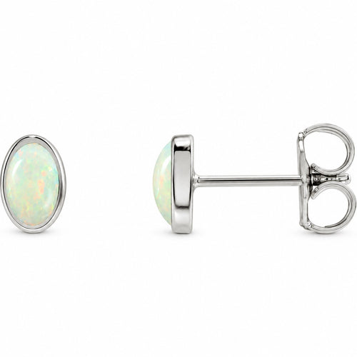 14K Gold Lab-Grown White Opal Cabochon Stud Earrings — 14K White Gold, view 1