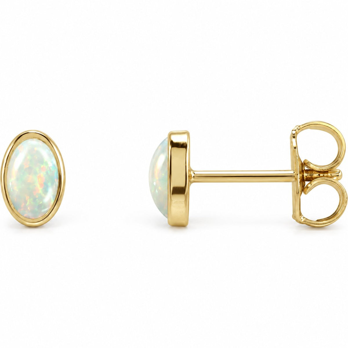 14K Gold Lab-Grown White Opal Cabochon Stud Earrings — 14K Yellow Gold, view 1