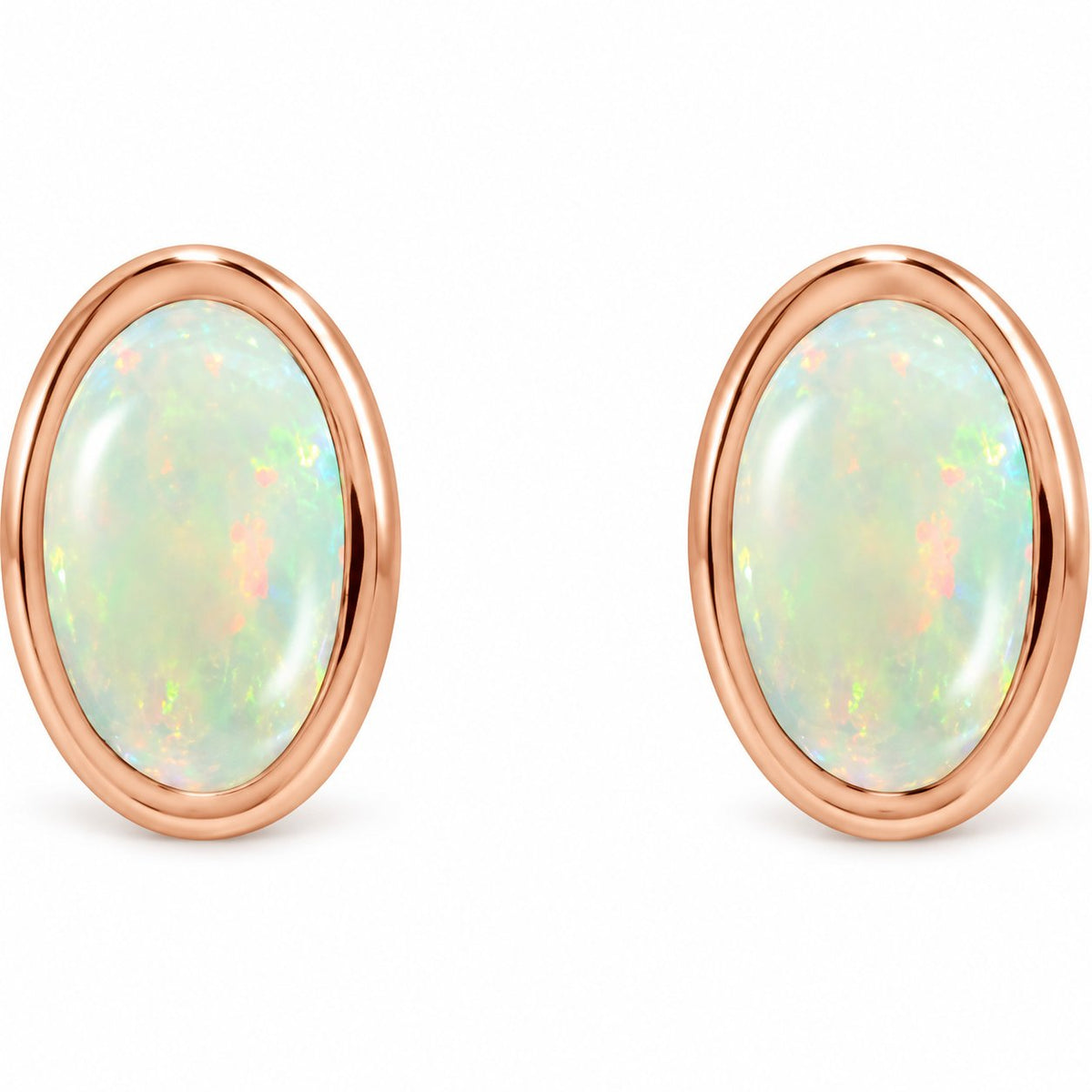 14K Gold Lab-Grown White Opal Cabochon Stud Earrings — 14K Rose Gold, view 2