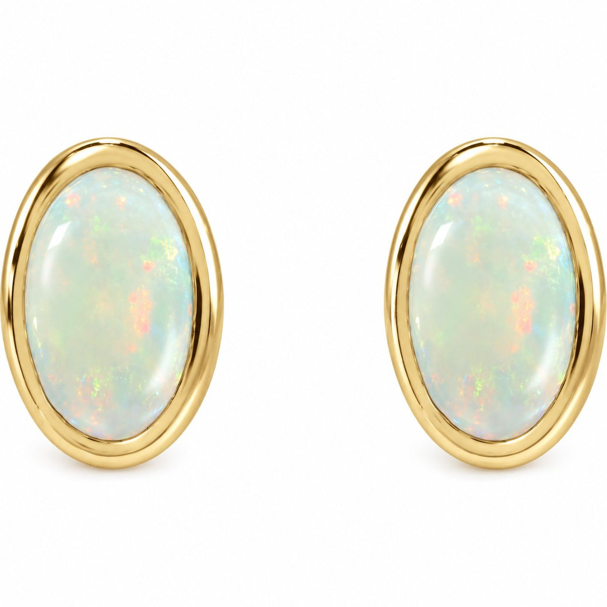 14K Gold Lab-Grown White Opal Cabochon Stud Earrings — 14K Yellow Gold, view 2