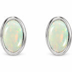 14K Gold Lab-Grown White Opal Cabochon Stud Earrings — 14K White Gold, view 2