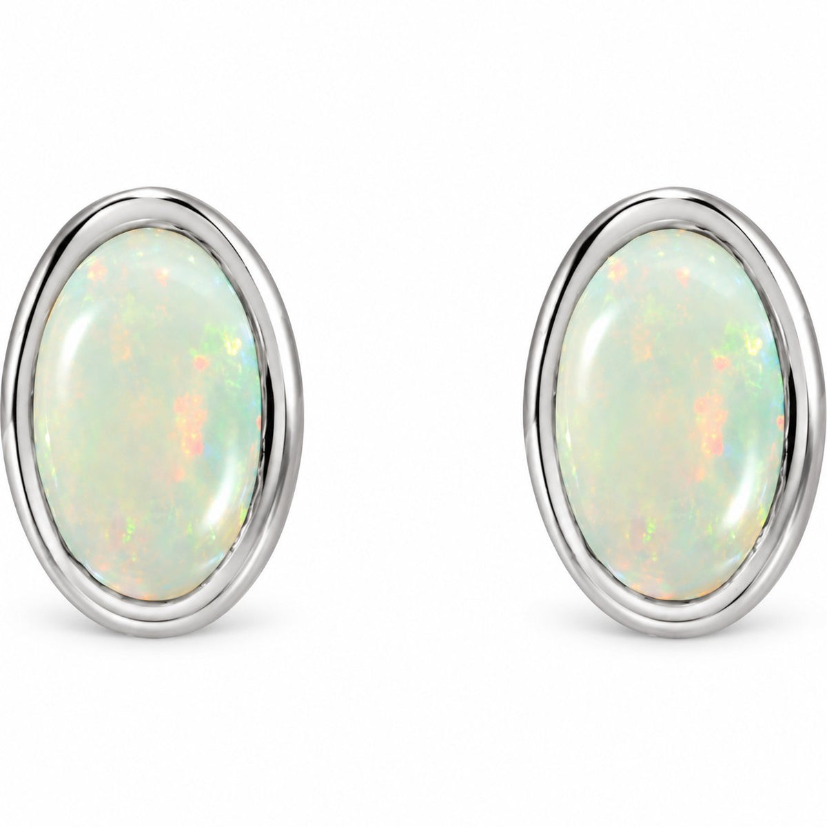 14K Gold Lab-Grown White Opal Cabochon Stud Earrings — 14K White Gold, view 2