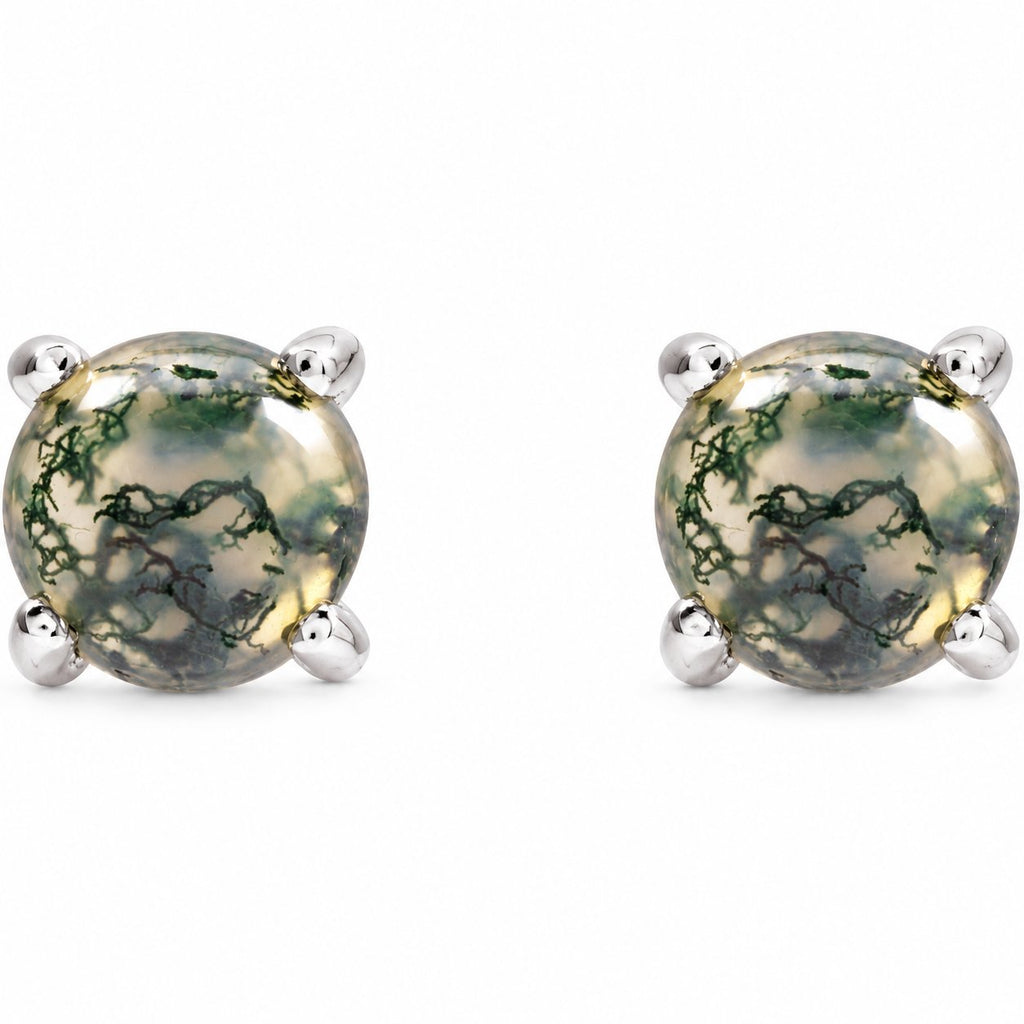 14K Gold Natural Moss Agate Cabochon Stud Earrings — 14K White Gold, view 2