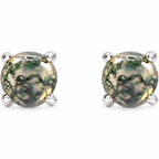 14K Gold Natural Moss Agate Cabochon Stud Earrings — 14K White Gold, view 2
