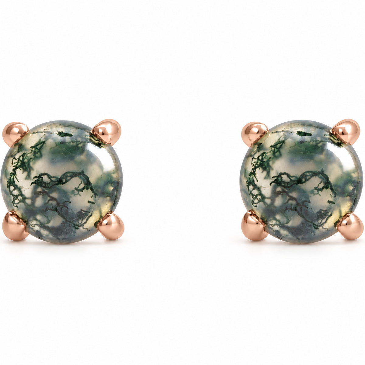 14K Gold Natural Moss Agate Cabochon Stud Earrings — 14K Rose Gold, view 2