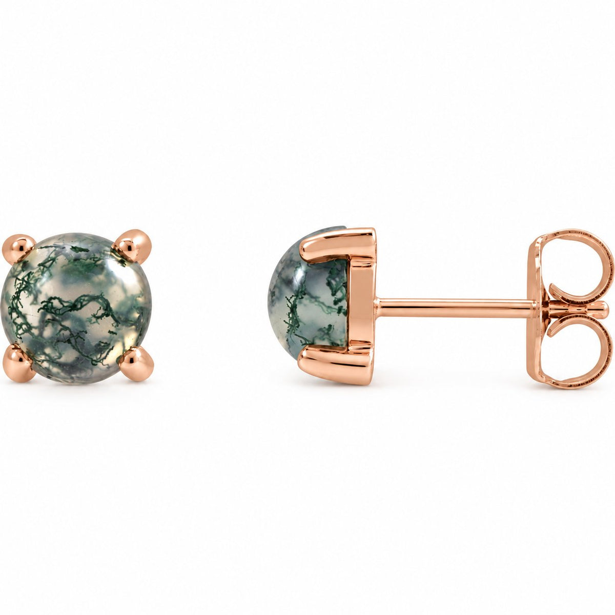 14K Gold Natural Moss Agate Cabochon Stud Earrings — 14K Rose Gold, view 1