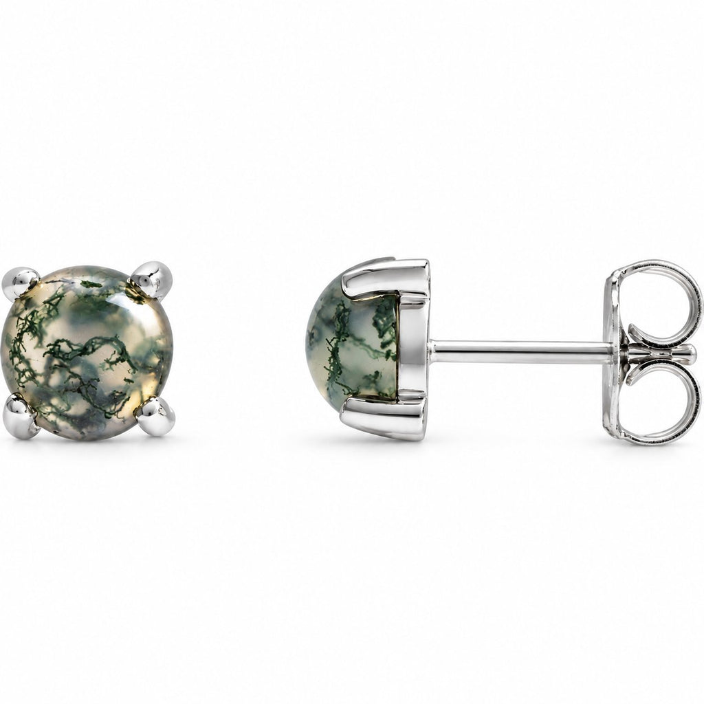 14K Gold Natural Moss Agate Cabochon Stud Earrings — 14K White Gold, view 1