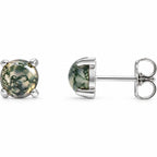 14K Gold Natural Moss Agate Cabochon Stud Earrings — 14K White Gold, view 1