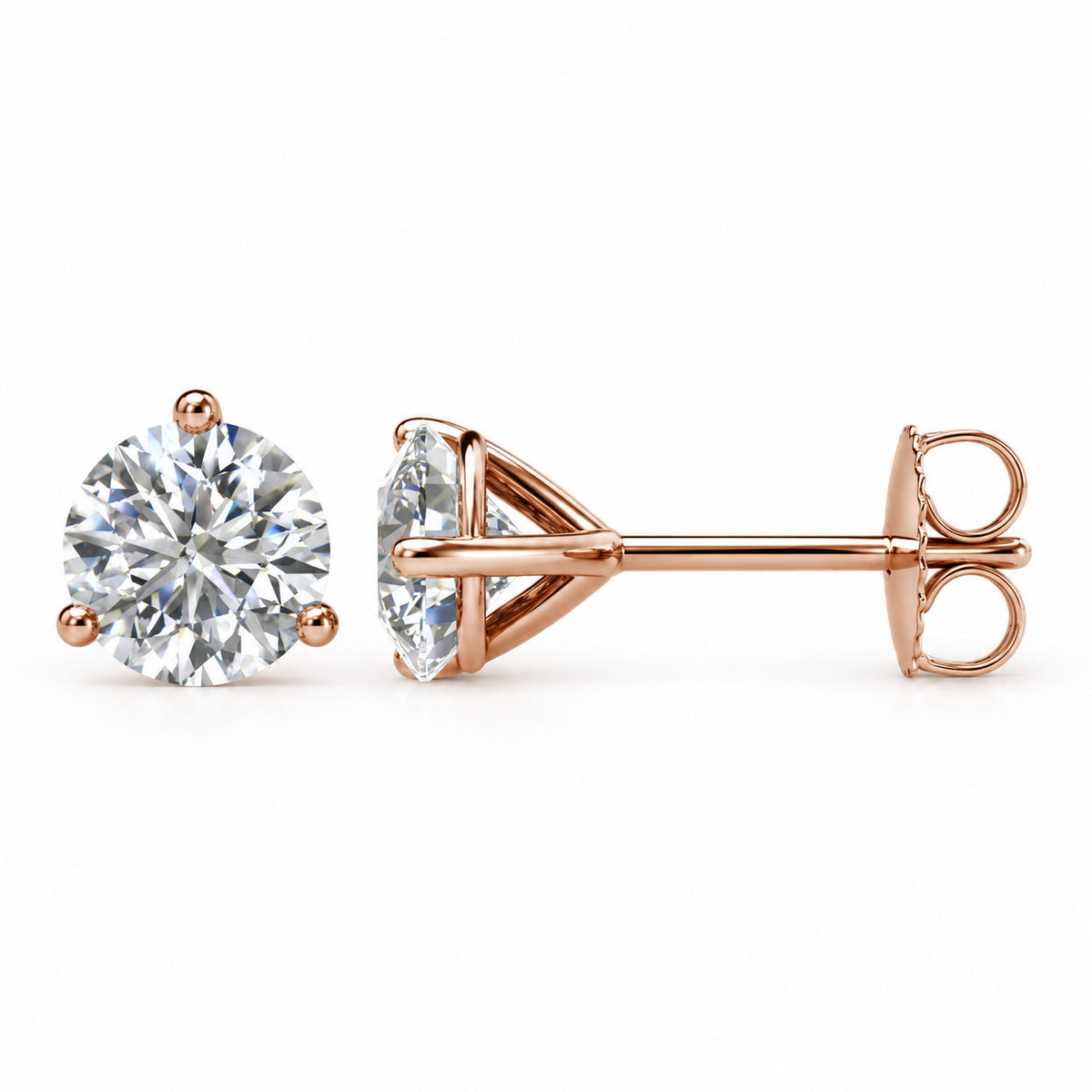 Three-prong lab-grown diamond stud earrings — 14K Rose Gold — 8mm — 4 CTW — view 1