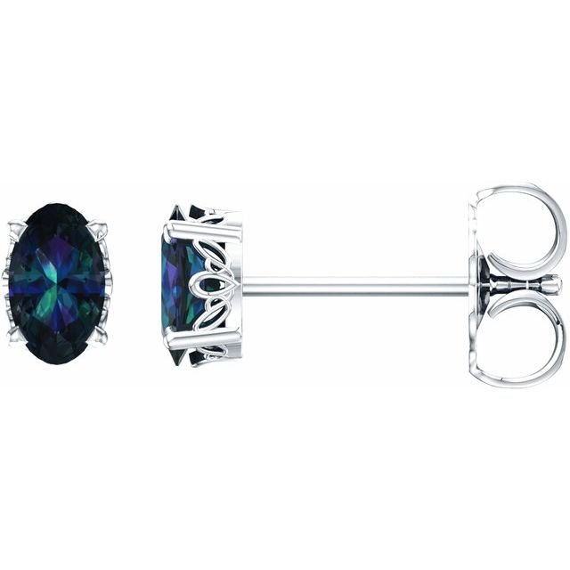 14K White Gold Lab-Grown Alexandrite Oval Scroll Setting Stud Earrings — view 1