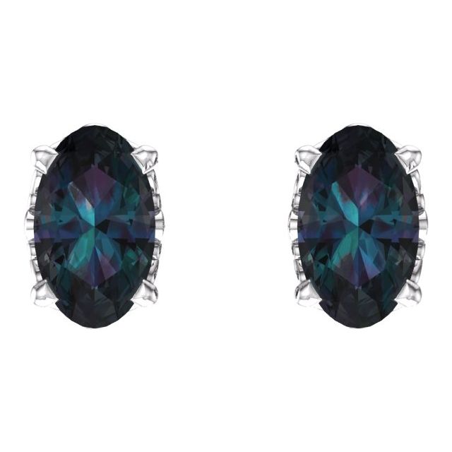 14K White Gold Lab-Grown Alexandrite Oval Scroll Setting Stud Earrings — view 2