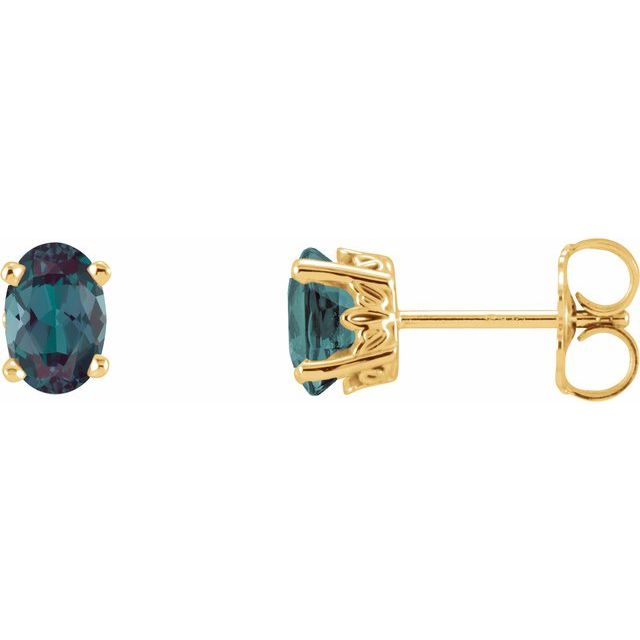 14K Yellow Gold Lab-Grown Alexandrite Oval Scroll Setting Stud Earrings — view 1