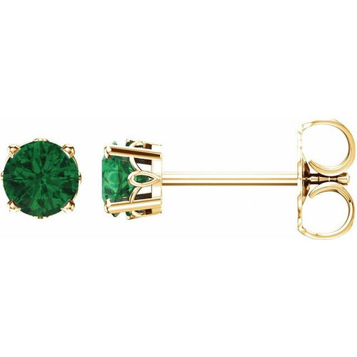 14K Yellow Gold Lab-Grown Emerald Scroll Setting Stud Earrings
