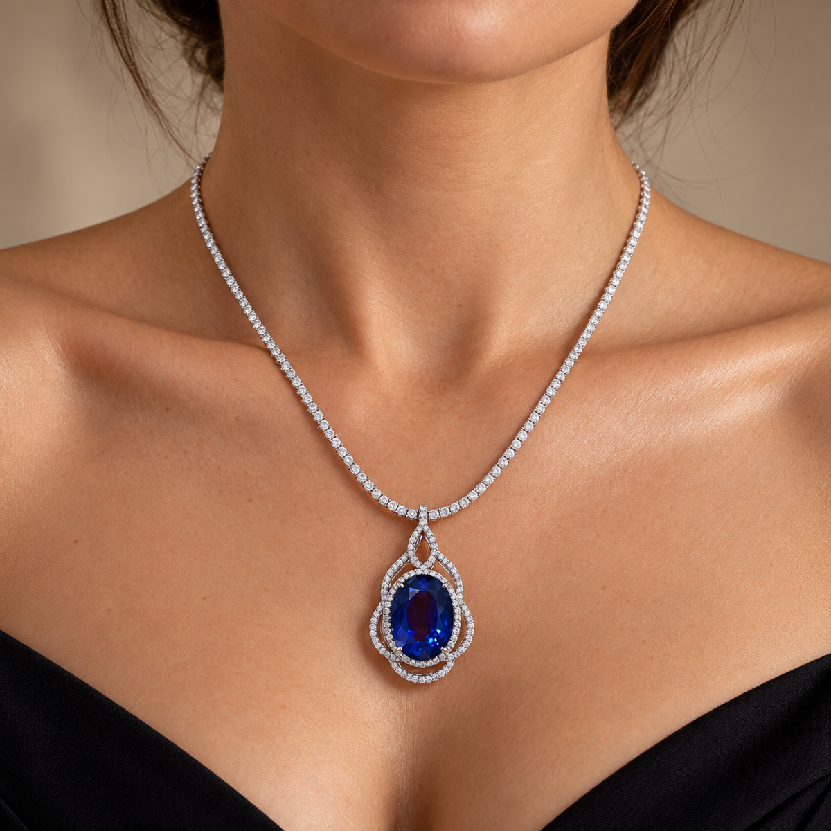 22ct Oval Lab Grown Sapphire & Diamond Necklace — on-body view