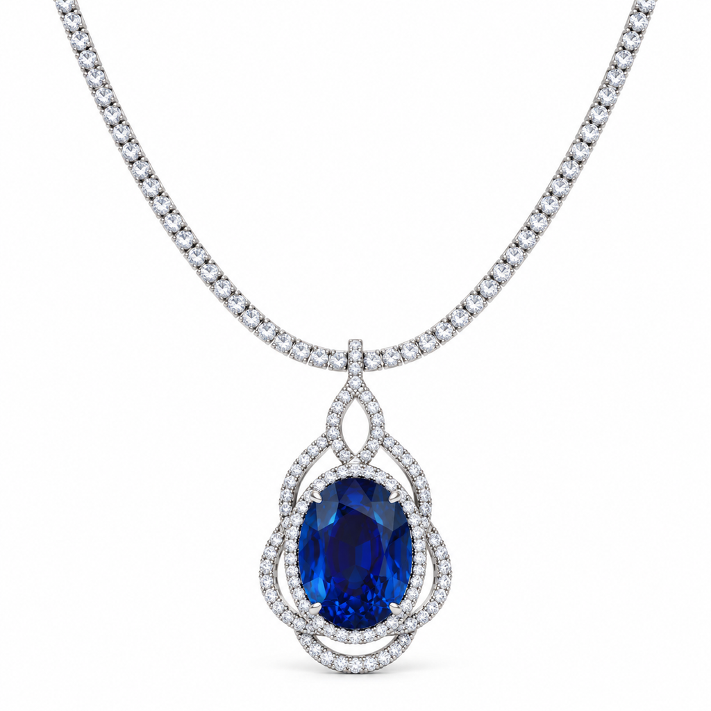 22ct Oval Lab Grown Sapphire & Diamond Necklace — white background