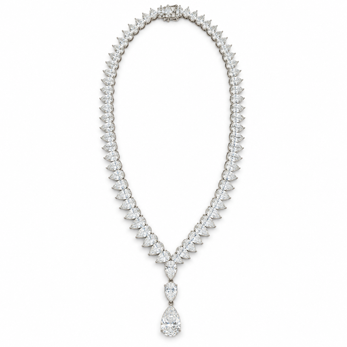 Front view of pear diamond necklace with three-stone drop