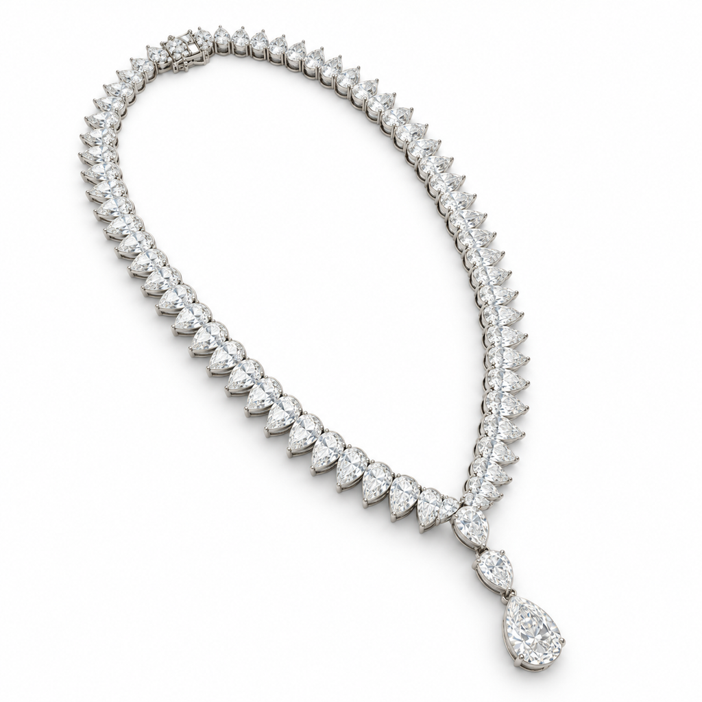 Angled view of pear diamond necklace