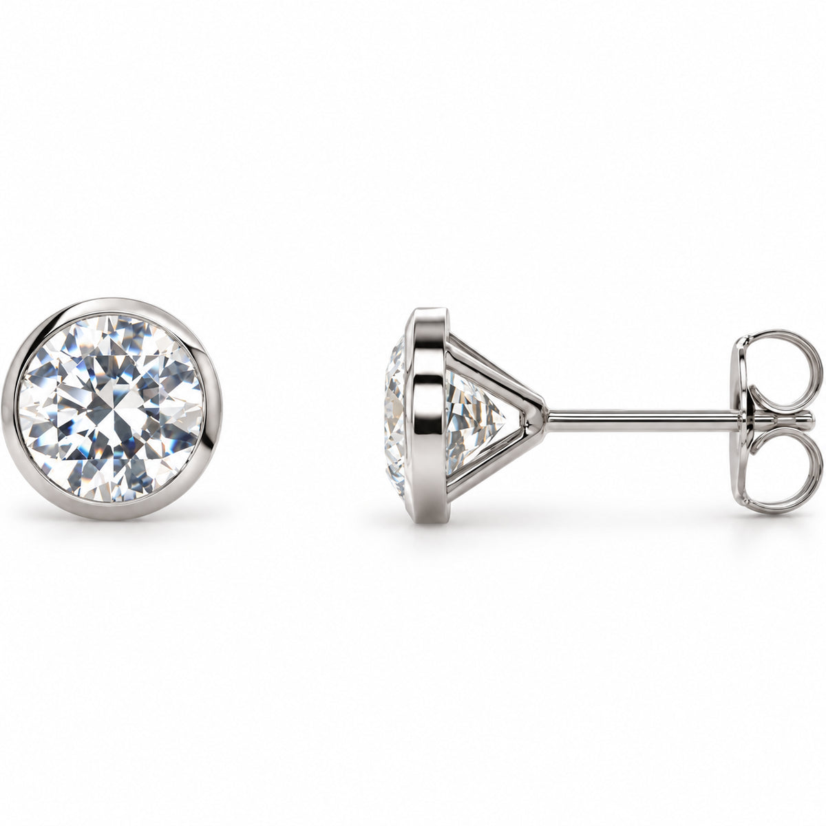 Round Bezel-Set Cocktail-Style Stud Earrings — 14K White Gold — 6.5mm — 2 CTW — view 1