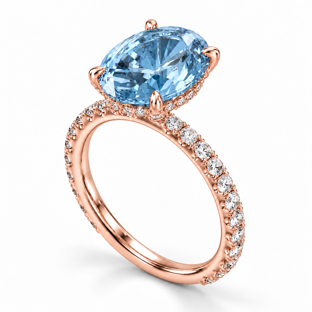 rose gold angle — 5 ct Fancy Vivid Blue oval lab-grown diamond ring