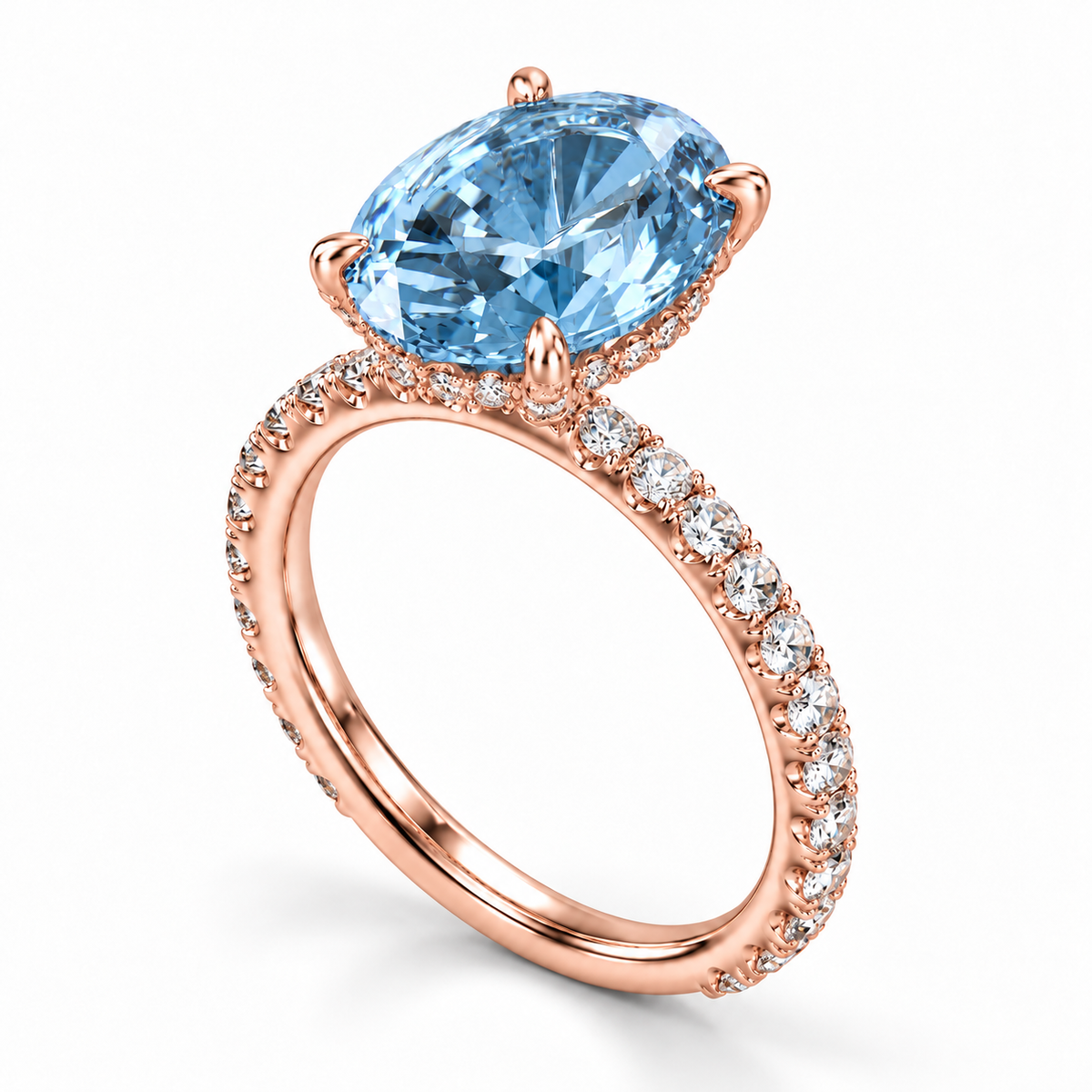 rose gold angle — 5 ct Fancy Vivid Blue oval lab-grown diamond ring