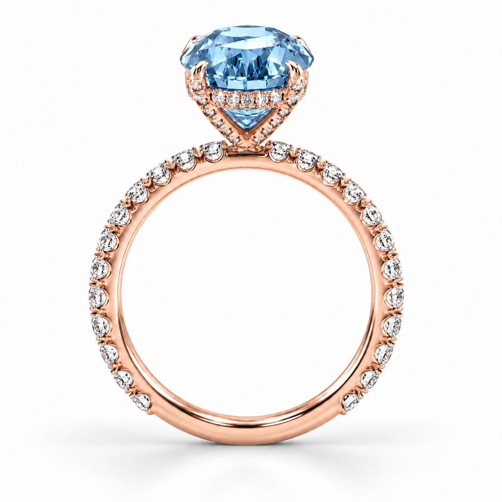 rose gold side — 5 ct Fancy Vivid Blue oval lab-grown diamond ring