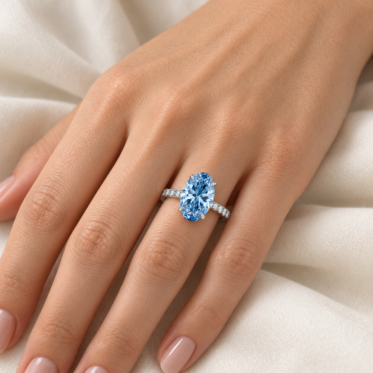 white gold on-hand — 5 ct Fancy Vivid Blue oval lab-grown diamond ring